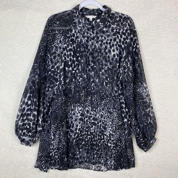 VTG CAbi Womens Large Button Up Blouse Animal Print Long Sleeve Black Sheer‎ - Picture 1 of 11